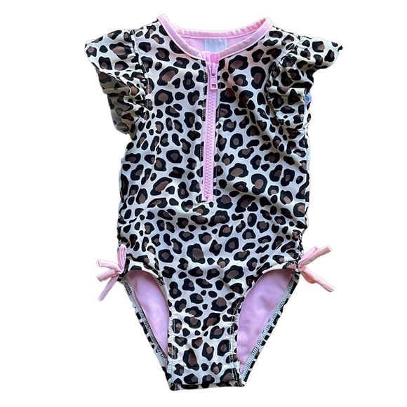 CAT & JACK | Leopard Print Zip-Front Flutter-Sleeve One-Piece Swimsuit | 18M - Picture 3 of 7